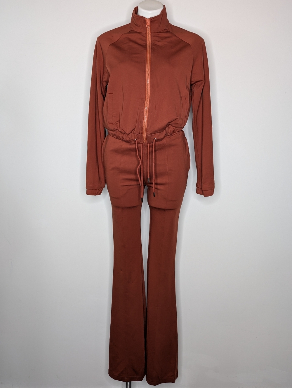 Rivir Brown Zip Up Long Sleeve Bell Bottom Pant Lounge Set M